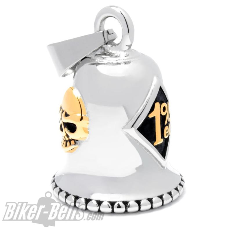 Massive Outlaw Biker-Bell mit goldenem 1%er Onepercenter Edelstahl Motorrad Glocke